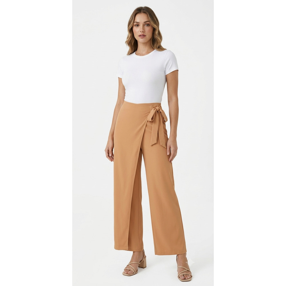 Halara Work Pants XS Beige Wide Leg Wrap Front Tie Waist Pockets NWT Stretch